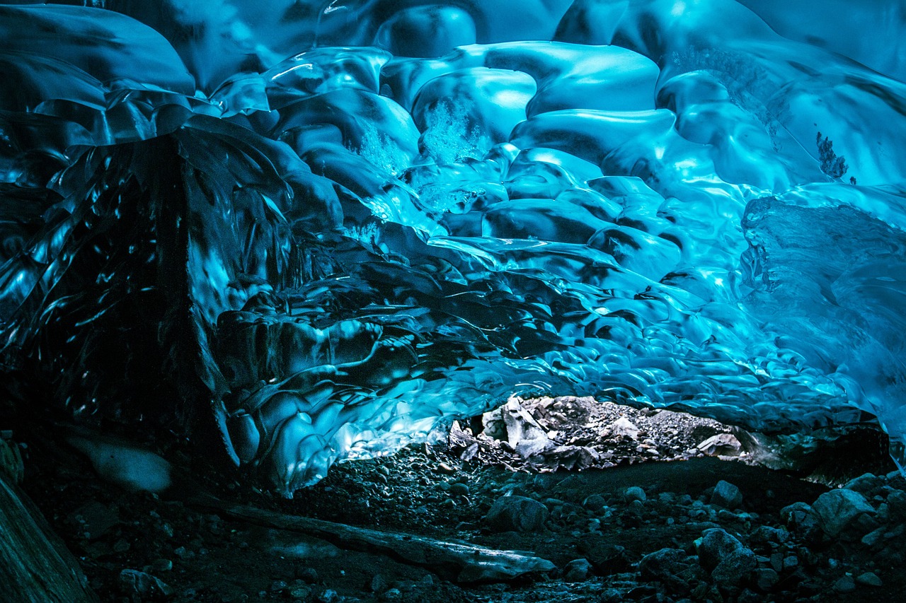 Visitors exploring an ice cave
